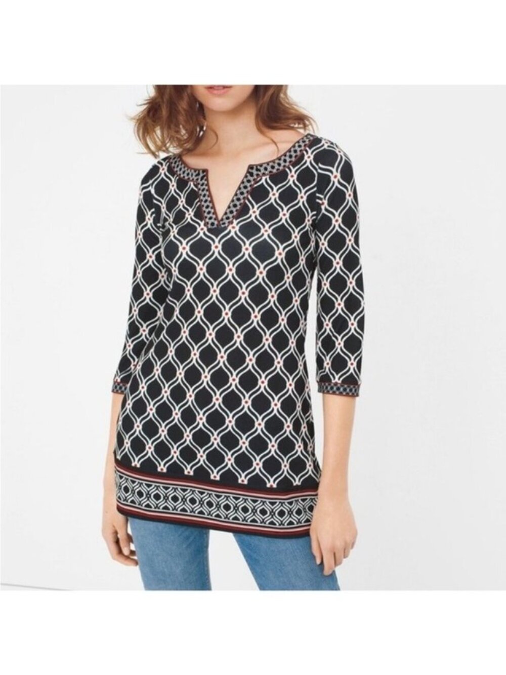White House Black Market Ethos Print Tunic Top Black White Geometric Small NWT